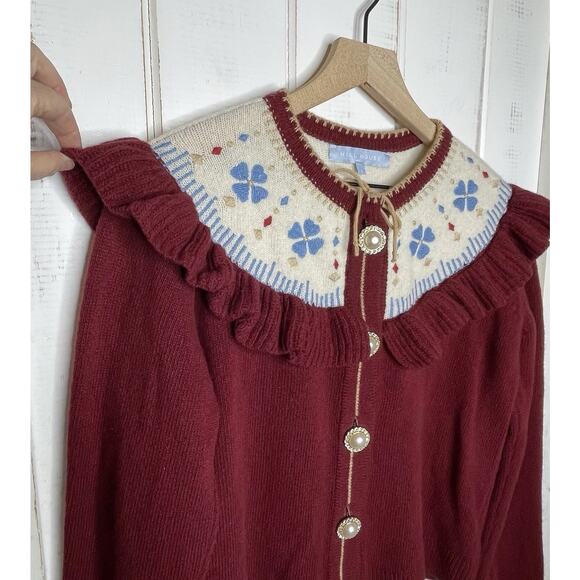 HILL HOUSE Wool Red Floral Embroidered Ruffle Pearl Button Cardigan Sweater S - Picture 3 of 8